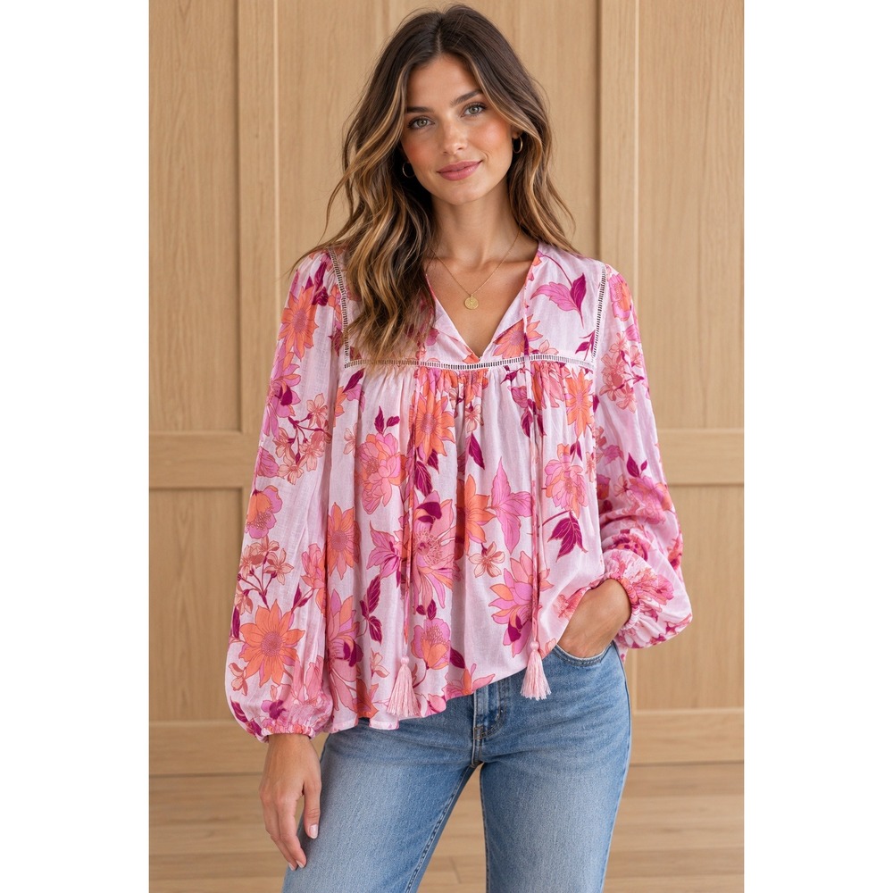 Fate Womens Pink Floral Cotton Gauze Boho Tassel Peasant Blouse Small